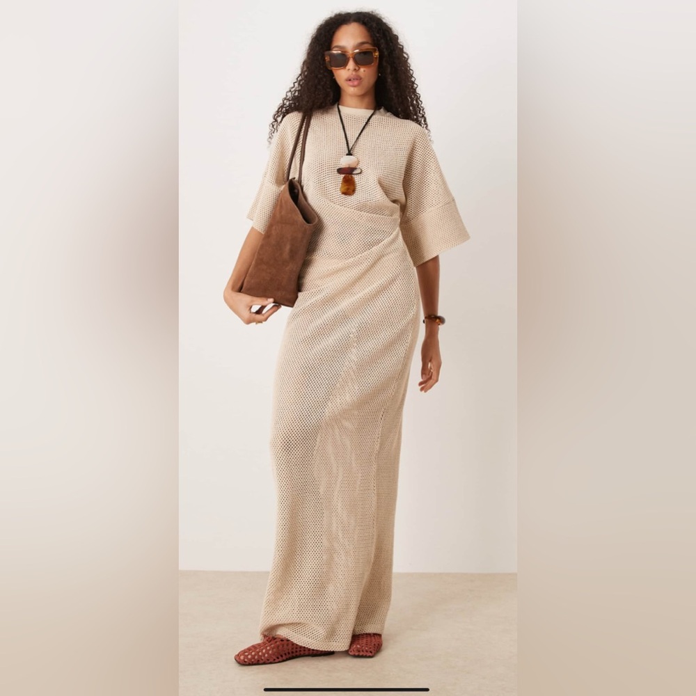 ASOS DESIGN crochet bohemian maxi dress in stone